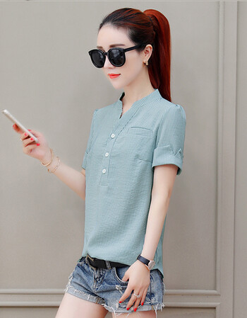 女装 衬衫 南极人(nanjiren) 京东蝴蝶节 含棉条纹半袖韩范衬衫休闲