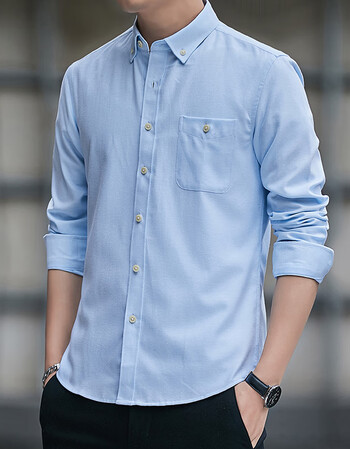 衬衫男2021春季长袖正装上衣开衫简约休闲纯色大众衬衣男 6251 浅蓝色