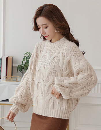 棒针毛衣女2019新款女装韩版宽松麻花慵懒风粗毛线灯笼袖毛针织衫
