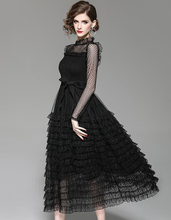 连衣裙2019春秋新款显瘦小黑裙过膝长款层层蛋糕裙欧洲站女装 黑色 l