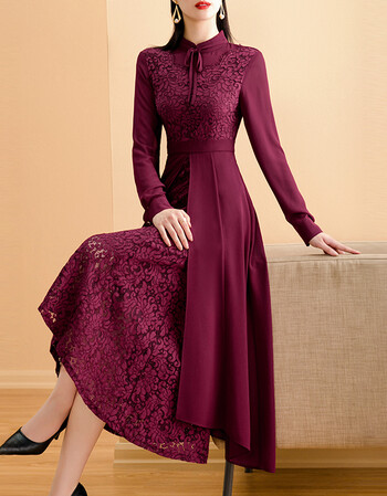 纳绎红色蕾丝连衣裙秋款女装2021年新款时尚洋气收腰长袖拼接裙子7138