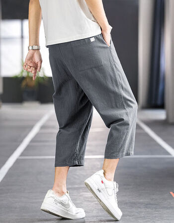 七分裤男夏季新款潮流宽松纯色八分裤休闲韩版百搭阔腿中裤子深灰色s