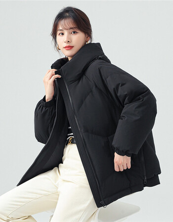 雪中飞2021秋冬新款女式短款宽松纯色百搭休闲保暖羽绒服外套女黑色