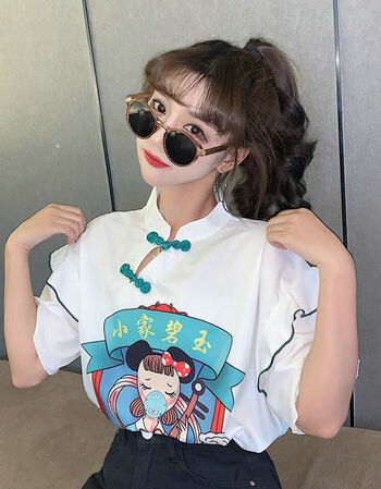 中国风盘扣立领印花雪纺短袖t恤女夏设计感小众宽松飞袖上衣国潮小家