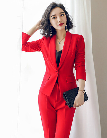 西装套装女士年会小西服2018新款英伦风气质春秋职业装 红色西装 西裤