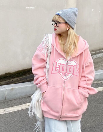 卫衣女韩版春秋薄款宽松慵懒风oversize连帽拉链开衫外套ins上衣粉红