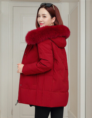 新款女式中老年毛领休闲保暖时尚气质中长款羽绒服外套女枣红色165