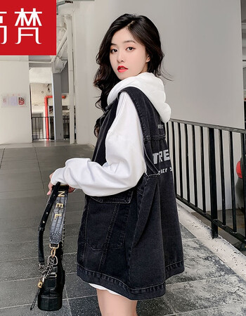 高梵欧洲站中长款牛仔马甲女春秋新款韩版宽松大码配卫衣的马夹外套女