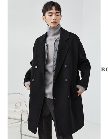 长款伯爵卓尔2021秋冬季新款纯色宽松韩版羊毛双面呢外套男黑色1903xl