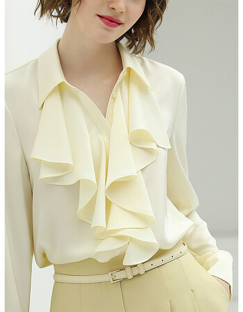 cocobella优雅通勤长袖衬衫女温婉气质荷叶领缎面衬衣ht496淡奶油xl