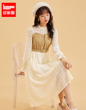 ief爱依服法式连衣裙女2021年秋冬新款设计感网纱蕾丝拼接长裙2821x