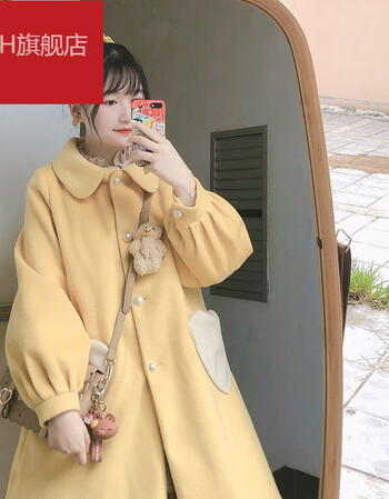 kzoh毛呢外套秋冬日系软妹可爱娃娃领爱心口袋呢子大衣宽松中长款学生