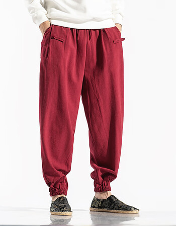 精品好货秋季宽松纯棉裤休闲小脚哈伦裤盘扣中腰大码束脚长裤子男红色