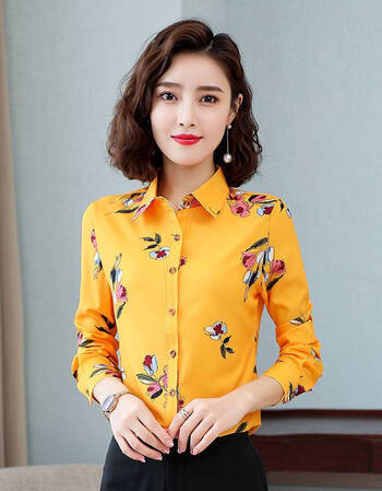 衫衬衣寸女式女士新款秋季显瘦减龄遮肉上衣小衫乐卉黄色印花长袖l