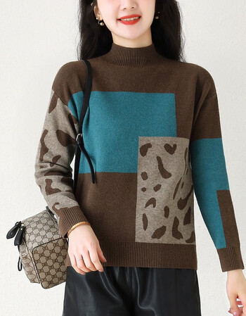 法姿迪新款针织衫女拼色半高领毛衣女秋装新款洋气复古针织衫长袖上衣