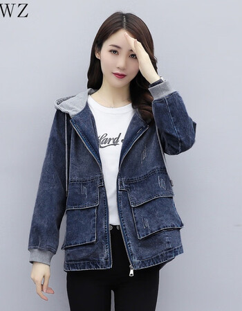 女士牛仔外套女带帽的戴帽的连帽衫牛仔褂子女春秋拼接大口袋个性潮超