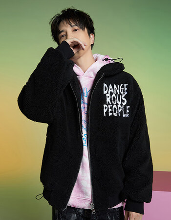 dangerouspeople 薛之谦dsp冬季新款羊羔绒绣花纸袋人夹克 黑色 l