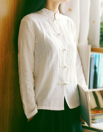 民国风女装唐装复古衬衣棉麻中式对襟盘扣上衣女中国风立领衬衫春白色