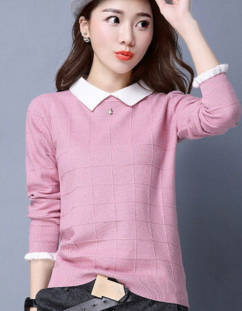 2019秋冬新款娃娃领针织衫女短款套头韩版百搭上衣长袖毛衣打底衫粉色