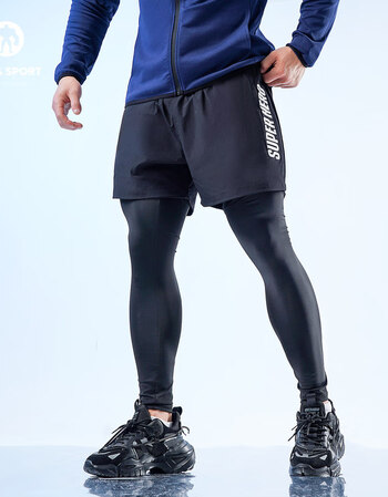 墨立方高弹假两件健身卫裤运动裤跑步骑行速干训练瑜伽运动裤压缩紧身