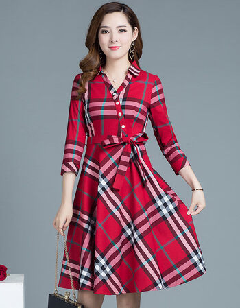 2018早秋新款女装韩版2018春秋季连衣裙长袖中长款格子端庄大气潮 红