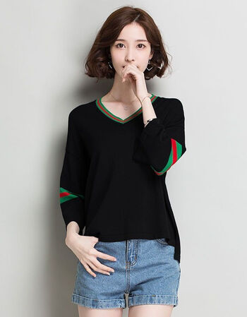 女装新款夏季新款冰丝针织t恤女士七分袖宽松大码显瘦v领中袖上衣简约