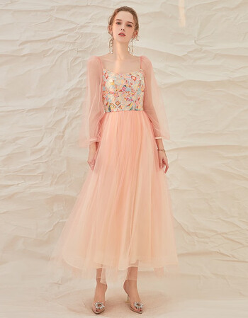 法式浪漫灯笼袖甜美可爱减龄拼接网纱亮片仙女长裙66940 橘粉色 s