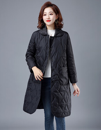 长款韩版娃娃领轻薄女大号潮秋冬季厚外套棉衣棉袄子保暖女式女士黑色