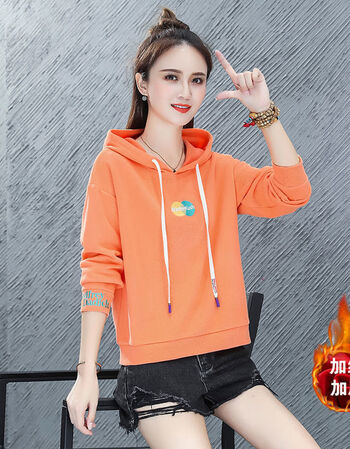 卫衣女加绒加厚秋冬装新款韩版宽松洋气上衣连帽短款外套sn2102桔粉色
