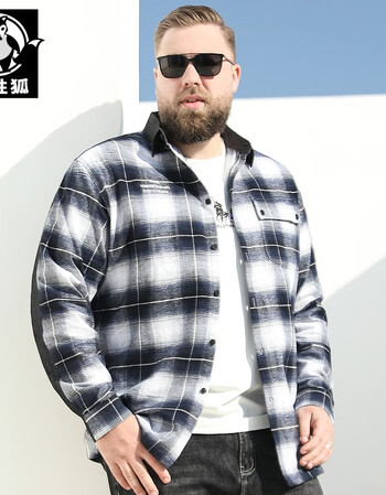 百胜狐大码男装胖子大号上衣格子衬衫加肥加大肥佬春季男衬衣黑色4xl