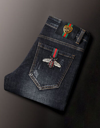 酷·琦高端品牌欧洲站牛仔裤男小蜜蜂青年弹力修身小脚裤男士潮牌裤子