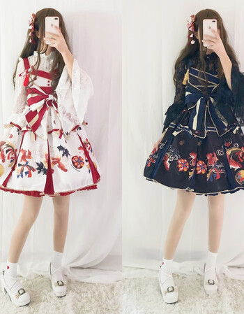 olita连衣裙女jsk和风乙女白昼梦蝴蝶结金鱼印花吊带背心裙 衬衫和