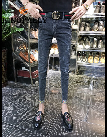 精神小伙牛仔裤男社会人紧身小脚裤快手网红同款修身九分束脚裤潮灰色