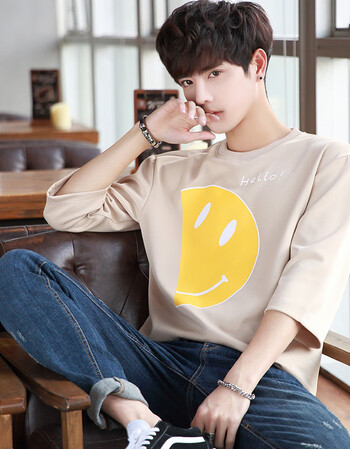 可爱男士长袖t恤春夏季7七分袖韩版潮流百搭宽松印花卫衣上衣服男春装