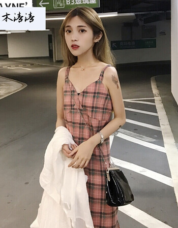 木清清dwayne2018新款韩版pphome裙子开叉长裙格子无袖吊带裙中长款