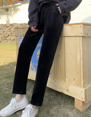蜓秀加绒雪尼尔老爹裤休闲裤女2021秋冬女装新款加绒加厚灯芯绒黑色