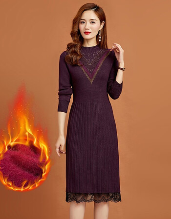 黛妍依衫秋冬加绒加厚连衣裙女内搭2021冬季新款一体绒过膝毛衣裙女士