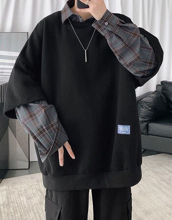 古歌菲兰假俩件格子衬衫拼接卫衣男韩版潮流青少年学生宽松加绒上衣