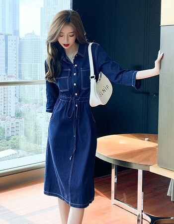 秋冬新款牛仔连衣裙长款a字过膝衬衫裙内搭打底裙深蓝色七分袖s