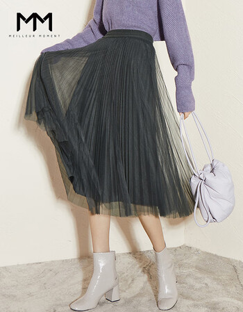 商场同款mm麦檬2021秋冬新款纱裙中长款百褶高腰半身裙5cb142211烟灰