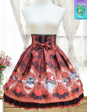 lolita童话物语原创印花柄 sk小高腰半身裙气质复古小短裙 红色 s--m