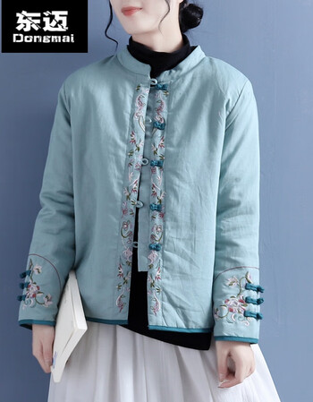 中式夹棉外套中国风棉麻绣花棉服女复古盘扣立领对襟棉衣冬新款中式厚