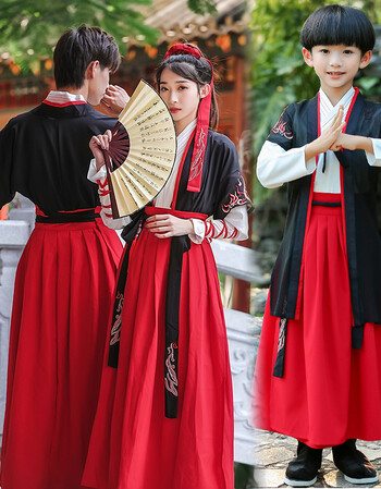 中国风童装男童女童武侠剑客古装男生套装汉服女装汉元素亲子班服白红