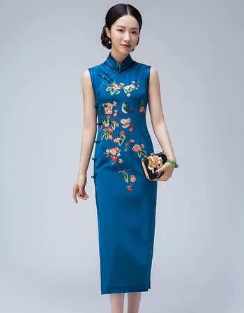 玺玥刺绣旗袍女 2018秋冬新款复古中国风桑蚕丝中长款无袖连衣裙 蓝色