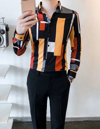 歌顿苏威品牌男装很仙的衬衫男士拼色修身春秋韩版潮流帅气撞色衬衣男