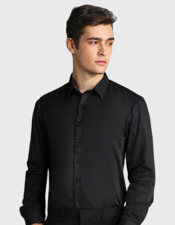 帝诺蒙衬衫男修身商务纯色衬衫长袖加绒保暖衬衣黑色s38