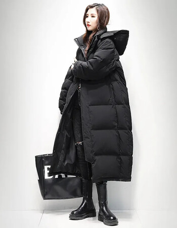 过膝加厚连帽宽松面包服外套轻薄羽绒服女黑色升级加厚s推荐100斤以下