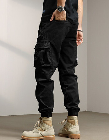 鱼头村束脚工装裤男宽松大码多口袋休闲裤男士潮牌哈伦裤男生束脚裤男