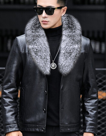 jerryjack海宁皮衣男士短款2021新款皮毛一体大毛领皮夹克加厚保暖