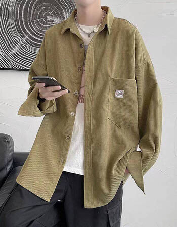 宽松衣服设计感小众长袖商务条绒衬衣打底衣男士内搭寸杉乐卉军绿色xl